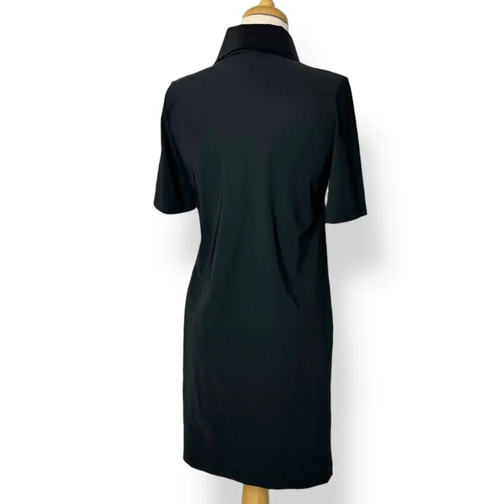 NWT SHAN Women's Black Lycra Polo Dress V-Neck Knee Length Short Sleeve Sz 02